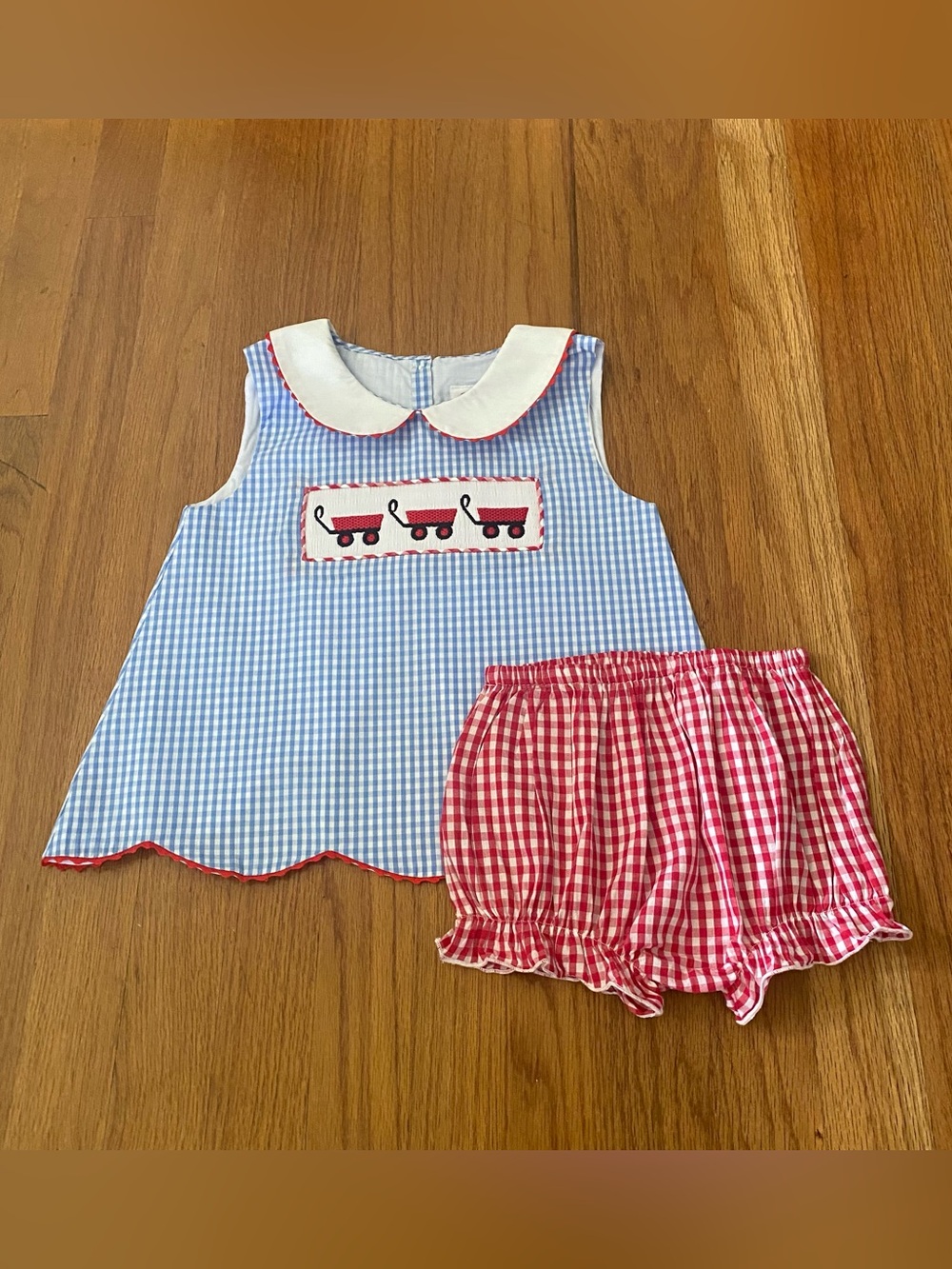Little Red Wagon Girls Blue & Red Gingham Two-Piece Smocked Wagon Set